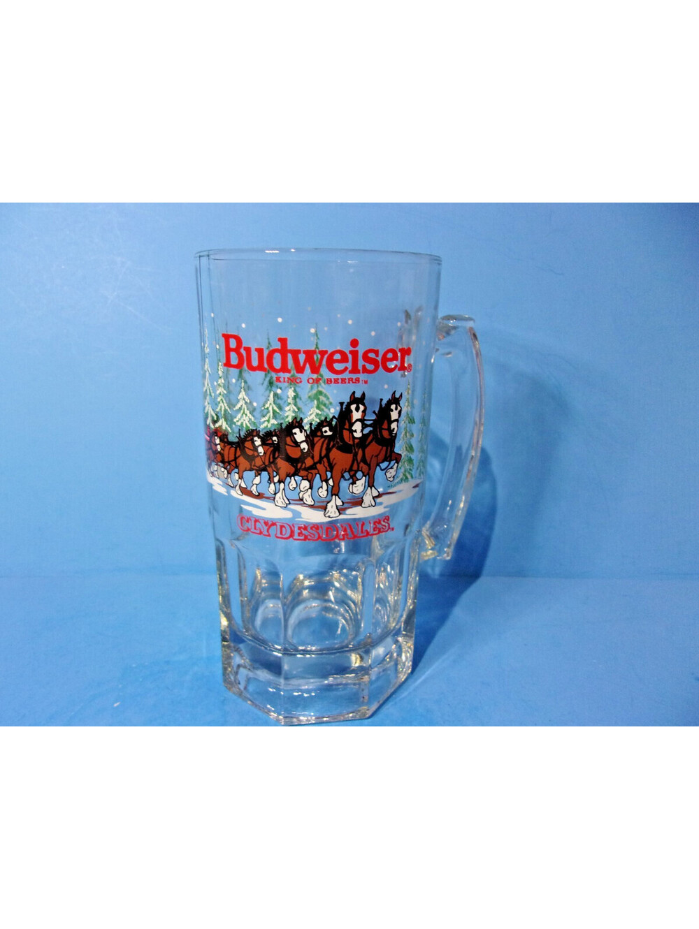Vintage Budweiser Clydesdales Glass Beer Stein Mug 8" Tall Christmas 1992 Large